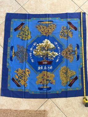 Hermes Blue Botanical Bonsai Silk Scarf with Yellow Accents